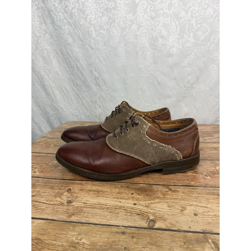Clarks Men's Brown Leather Oxford Shoes Lace Up Canvas Contrast Size 10.5